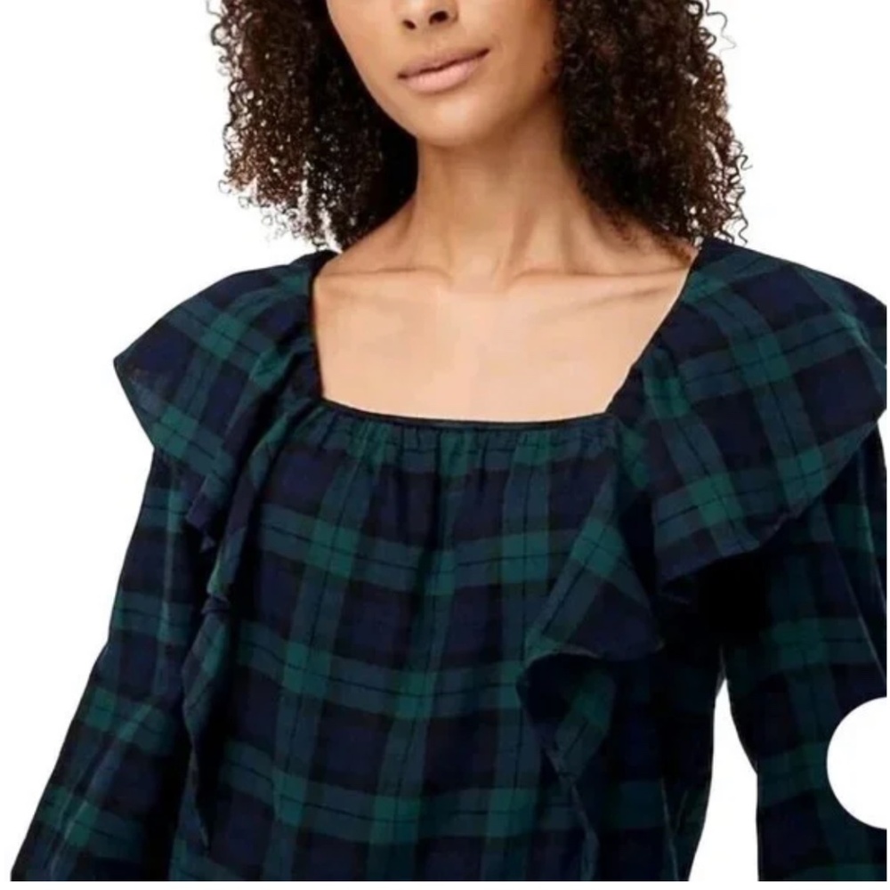 NWT J. Crew Square-Neck Black Watch Plaid Flannel Ruffle Top Size Small